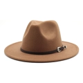 British style brown wool jazz fedora hat with wide brim and decorative leather buckle - M (56-58cm) / Khaki