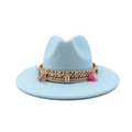Detail of sky blue felt fedora with woven band, colorful tassels and small shell accents - Sky Blue