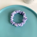 Purple floral scrunchie with white daisy prints displayed on a minimalist light blue tray - 6# Purple Floral