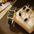 Luxury gold women's square quartz watch with black leather strap and rhinestone jewelry set - Black Square Rhinestone 4-Piece Jewelry Set