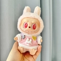 Pink and beige plush doll hoodie outfit for Labubu vinyl figures shown in hand - Bunny Star Pink Sweatshirt / First And Second Generation Keychains Are Compatible With La Cloth Dolls. Dolls Not Included.
