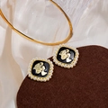 Vintage gold relief portrait earrings with black oil base and white pearl borders - Vintage Square Portrait Pearl Style (E5164-1)