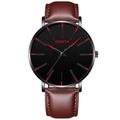 Men's minimalist quartz watch with black dial, red markers and brown leather strap - Leather Strap Brown Band Black Case Red Hands