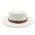 White woven straw boater hat with brown leather rivet band and decorative bow - M (56-58cm) / White
