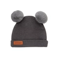 Dark grey knitted baby beanie with double faux fur pom-poms and leather tag - Gray (SS142-9)