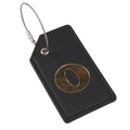 Black leather luggage tag with gold letter O engraving and secure steel wire cable - Letter O