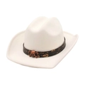 Detail of white cowboy hat with brown belt featuring vintage skull and crossbones metal stud - One Size / White (Skull)