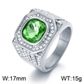 Octagon silver stainless steel ring with large green gem and white cubic zirconia - US 7 / Silver-Green (KR110150-MZOZ)