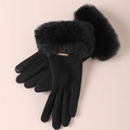 Black winter thermal gloves for women with faux fur trim and touch screen fingertips - Gold Label Rabbit Fur / Black