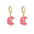 Gold star and moon drop earrings with pink enamel crescent and zircon accents - Pink Enamel Crescent (42011)