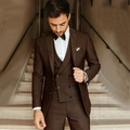 Slim fit dark brown wool three-piece tuxedo suit for groom and formal business events - XXS / Coffee