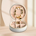 Portable white round jewelry box with pink interior for rings and necklaces - 10*10*5cm / Off White - Velvet
