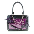 Detailed close-up of 3D purple butterfly charms and silver chains on the goth tote bag - Black Purple Butterfly