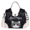Black quilted puffer tote bag featuring cute grey cat embroidery and wide white shoulder strap - Black