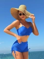Royal blue two-piece swimsuit with ruched camisole top and side-string boyshort bottoms - S / Blue