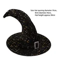 Black wizard hat with golden moon and star patterns and silver rhinestone buckle - Crooked Witch Hat with Star & Moon Pattern