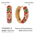 Detail view of red enamel hoop earrings with floral patterns and size specifications - Red Floral Style (YYE025021-R)