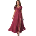 Burgundy V-neck chiffon bridesmaid dress with ruffle sleeves and a high side slit - US size 2 (S) / Bottoms / Burgundy