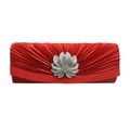 Red pleated satin evening clutch bag with sparkling silver rhinestone flower decoration - Red