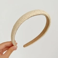 Macro view of beige woven texture and brown lining on a stylish summer headband - Straw Woven Headband / Beige