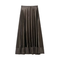 Elegant deep bronze satin midi skirt with glossy metallic sheen and layered hem design - XS / Coffee