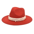 Detail of red straw fedora hat featuring elegant white pearl band and woven texture - M (56-58cm) / Red