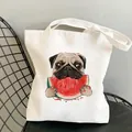 Borsa tote in tela bianca con stampa di carino carlino che mangia un'anguria - Carlino che Mangia l'Anguria (B902-1)