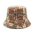 Detail of winter thick plush bucket hat with brown and white checkered wool texture - Brown and Grey Plaid (4#)