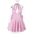 Detail of pink jacquard fabric texture and halter neck bow on a slim fit party dress - XS / Pink