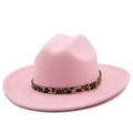 Pink felt cowboy hat featuring a leopard print band and a gold buckle accent - M(56-58cm) / Pink