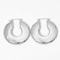 Polished silver hollow hoop earrings with textured spiral grooves and latch back - Radial Grooves Style (PDE2251)