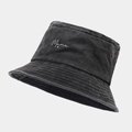 Detail of gray washed cotton bucket hat showing Mama embroidery and metal eyelets - Mama Lettering Black