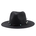 Détail du chapeau Panama noir tissé avec perles turquoise et décoration de coquillages - Noir