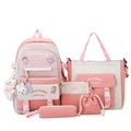 5-piece pink and white school backpack set with cute pendants for students - Five-Piece Set / Pink