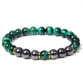 Detail of 8mm green tiger eye beads and hematite stones on a beaded bracelet - Green Tiger Eye with Dark Gray Hematite (Style-7)