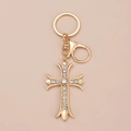 Golden cross keychain with sparkling rhinestones and vintage fleur-de-lis metal design - Kc Gold 6088