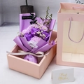 Macro shot of purple soap flower bouquet with pink gift box and matching carrier bag - 7 Flowers Mixed No Light / Purple