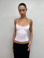 Close-up of pink slim fit U-neck tank top with delicate knit texture and thin straps - Pink Purple