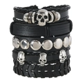 Vintage punk leather skull bracelet set with black braided cords and silver metal charms - Five-Strand Braided Style