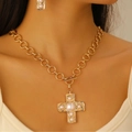 Golden chunky chain necklace and earring set with pearl-embossed cross charms - Gold Necklace (Pearl Cross A-1080)