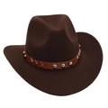 Detail of dark brown felt cowboy hat with leather band and silver metal rivets - One Size / Coffee