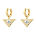 Detalle de pendientes triangulares dorados con dijes de ojo turco y circonitas - Color Dorado (VE1260)