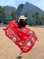 Ethnic style long red beach scarf with white floral and feather patterns for summer sun protection - Red White Flower Feather Pattern Style / Rose Red / 180cm