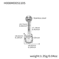 Silver stainless steel belly button ring with round zircon inlay and size dimensions - H008-Single Zircon / 1.55x11.4mm / Steel