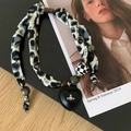 Leopard fabric beaded necklace with black heart pendant and silver Saturn logo charm - Necklace-Grey (Heart Saturn Pendant)