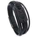 Detail of multi-layer black leather bracelet featuring an embossed wolf head metal plate - Wolf Head Black