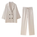 Beiges Damen-Set aus plissiertem Blazer und Hose mit weiter Beinform im Casual-Stil - XS / Oberteil Und Unterteil / Beige