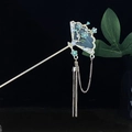 Chinesische Haarnadel in Gold mit Fächerform, grünen Blumen und langen Quasten - Goldener Fächer Smaragdblume Künstliche Perle Quaste Stil (8783) / Gold