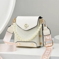 Mini bolso bandolera trenzado crema con cierre de trébol y asa de perlas de moda - Blanco