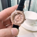 Women's rose gold quartz watch with rhinestone bezel and black alligator leather strap - Black